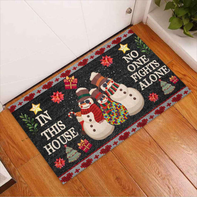 In This House No One Fights Alone Snowman Autism Awareness Doormat Christmas Autism Home Decor Autism Awareness Gift Idea HT