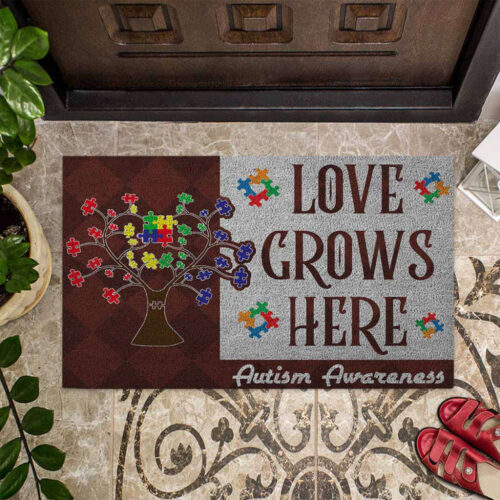 Love Grows Here Autism Awareness Doormat Autism Home Decor Autism Awareness Gift Idea HT