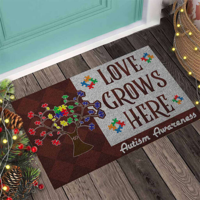 Love Grows Here Autism Awareness Doormat Autism Home Decor Autism Awareness Gift Idea HT