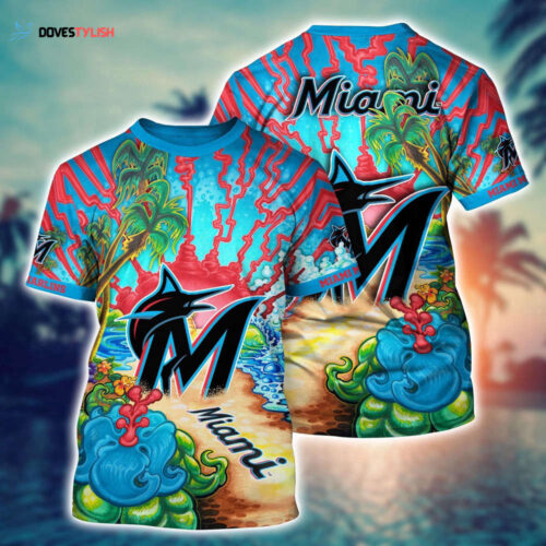 MLB Miami Marlins 3D T-Shirt Flower Tropical For Sports Enthusiasts
