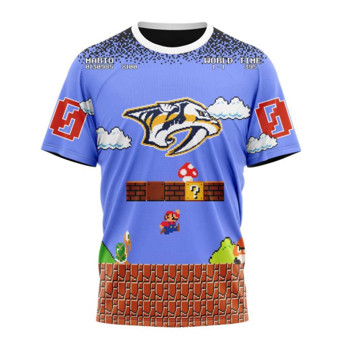 Nashville Predators With Super Mario Game Design Unisex T-Shirt For Fans Gifts 2024