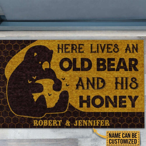 Personalized Bear And Honey Here Lives Customized Doormat