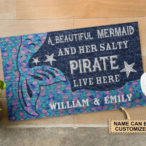 Personalized Beautiful Mermaid And Salty Pirate Customized Doormat