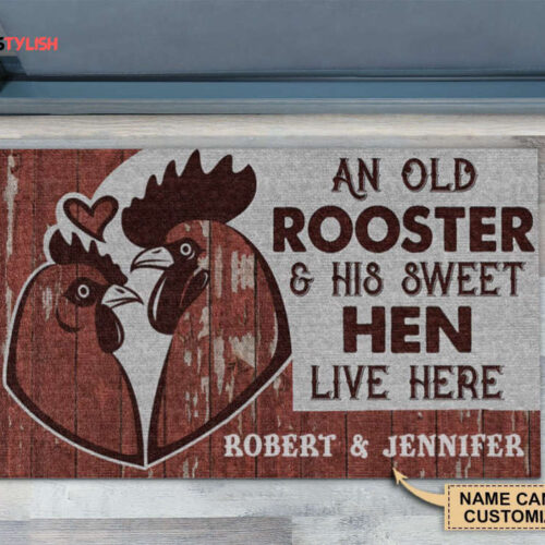 Personalized Chicken Couple Rooster And Hen Live Here Customized Doormat