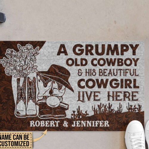 Personalized Cowboy And Cowgirl Live Here Leather Customized Doormat