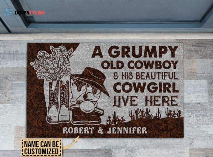Personalized Cowboy And Cowgirl Live Here Leather Customized Doormat