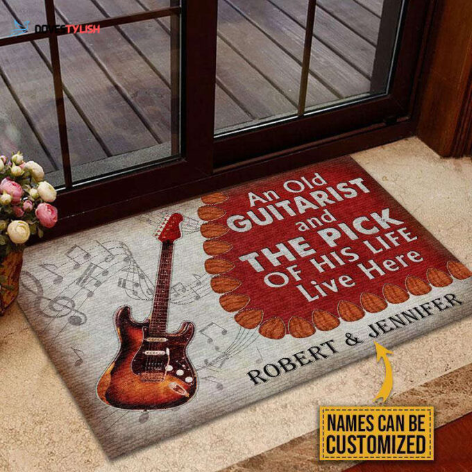 Personalized Guitar Old Couple Live Here Red Customized Doormat