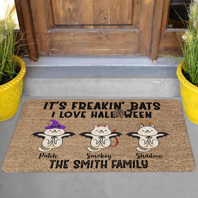 Personalized It’s Freakin’ Bats I Love Halloween Doormat Cat Flying Halloween Decorations Home Decor Mat HT