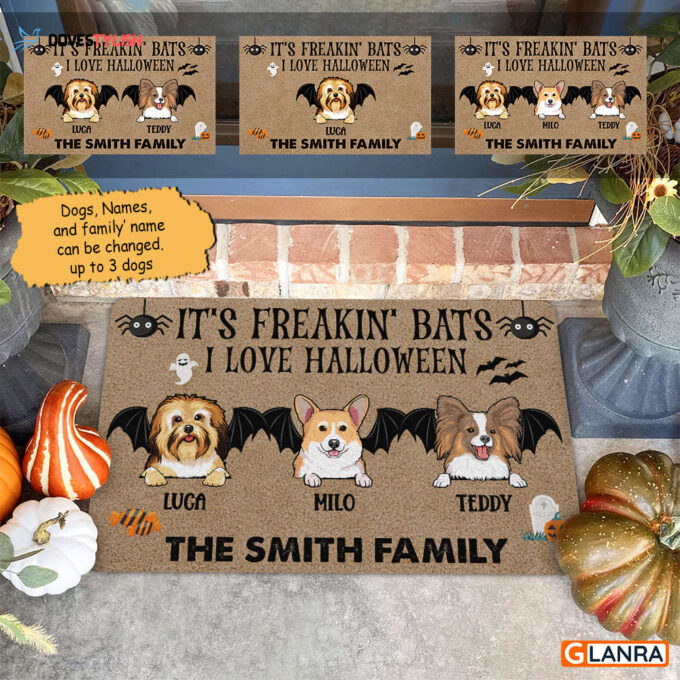 Personalized It’s Freakin’ Bats I Love Halloween Doormat Dog Halloween Decorations Home Decor Mat HT