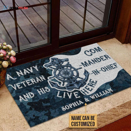 Personalized Navy Veteran Live Here Blue Custom Doormat