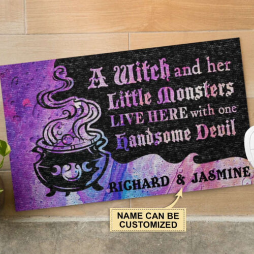 Personalized Witch And Her Little Monsters Live Here Customized Doormat