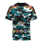 San Jose Sharks With Camo Team Color And Military Force Logo Unisex T-Shirt For Fans Gifts 2024