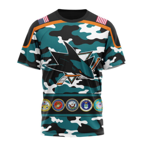 San Jose Sharks With Camo Team Color And Military Force Logo Unisex T-Shirt For Fans Gifts 2024