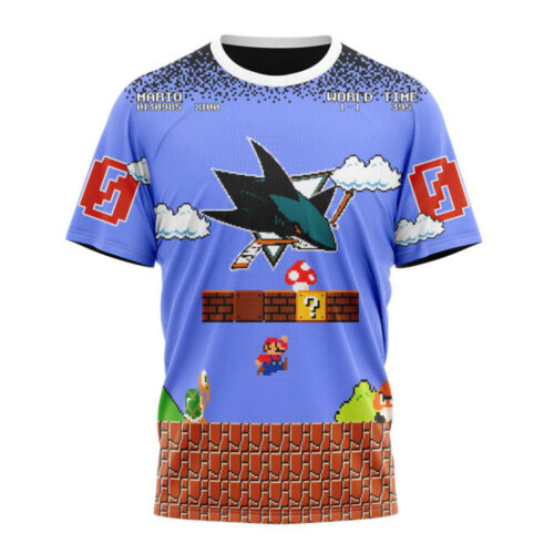 San Jose Sharks With Super Mario Game Design Unisex T-Shirt For Fans Gifts 2024