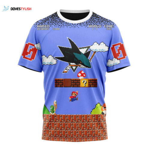 San Jose Sharks With Super Mario Game Design Unisex T-Shirt For Fans Gifts 2024