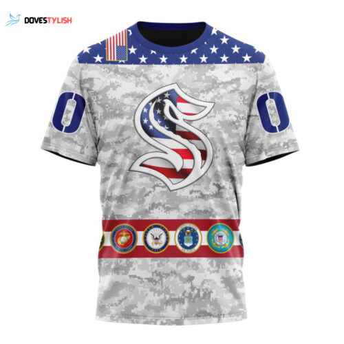 Seattle Kraken Armed Forces Appreciation Unisex T-Shirt For Fans Gifts 2024