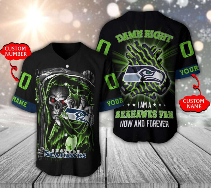 Seattle Seahawks Baseball Jersey Personalized Skull Damn Right