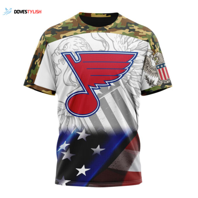 St. Louis Blues With Our America Eagle Flag Unisex T-Shirt For Fans Gifts 2024
