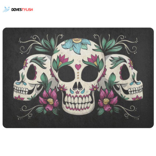 Sugar Skull Floral Skeleton Halloween Doormat Indoor and Outdoor Mat Entrance Rug Funny Home Decor Closing Gift Gift for Friend Idea