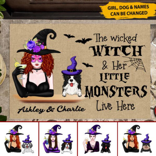 The Wicked Witch & Her Little Monster Live Here Personalized Welcome Doormat, Best Gift For Halloween Home Decoration