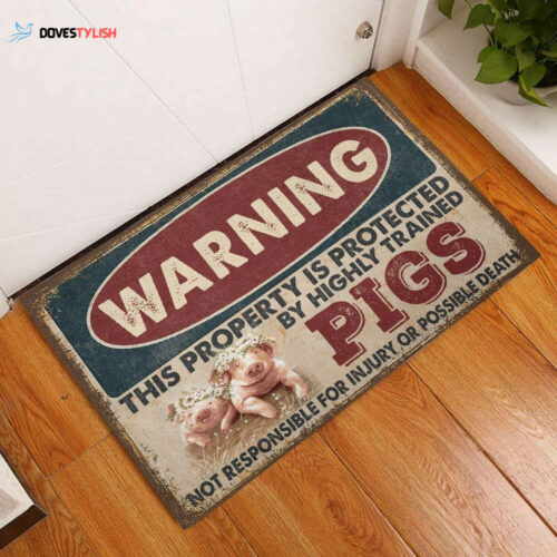 Warning Protected By Pig Funny Indoor And Outdoor Doormat Warm House Gift Welcome Mat Gift For Pig Lovers Farm Farmer