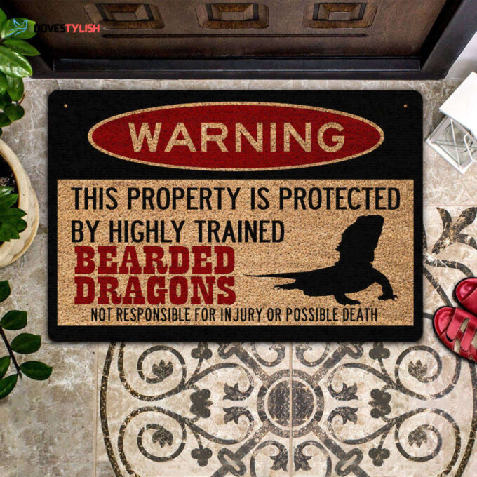 Warning This Property Is Protected By Highly Trained Bearded Dragons Indoor And Outdoor Doormat Warm House Gift Welcome Mat Birthday Gift