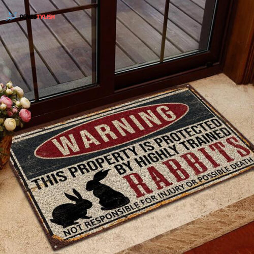 Warning This Property Is Protected By Rabbits Funny Indoor And Outdoor Doormat Warm House Gift Welcome Mat Birthday Gift For Rabbit Lovers