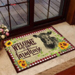 Welcome To Our Farmhouse Cow Doormat, Farm Life Lover Mat Gift, Best Sunflower And Cow Doormat, Housewarming Gift
