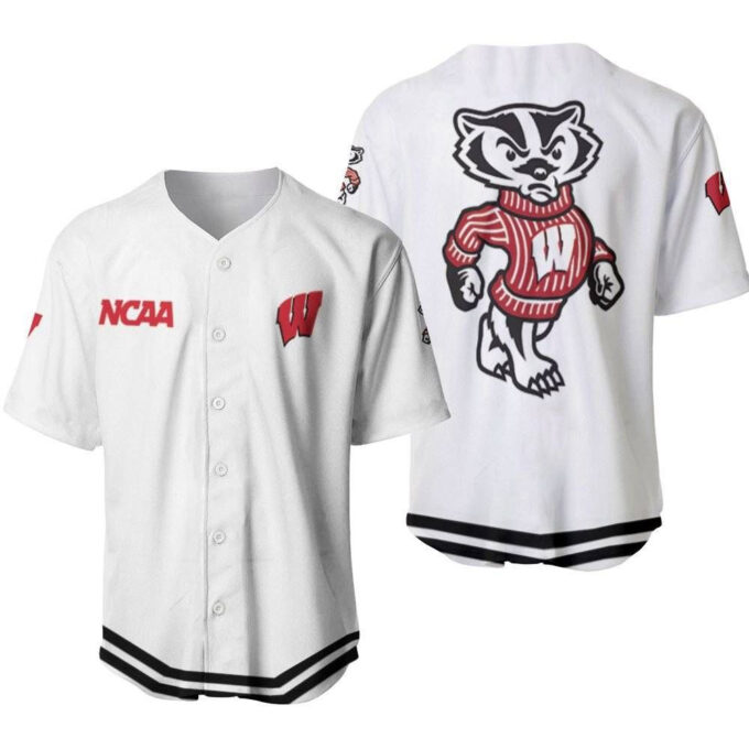 Wisconsin Badgers Classic White With Mascot Gift For Wisconsin Badgers Fans Baseball Jersey