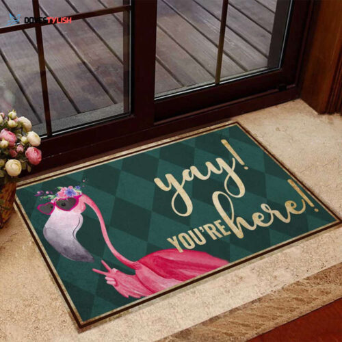Yay you re here Flamingo Doormat | Welcome Mat | House Warming Gift