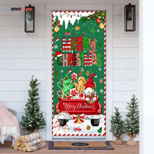 Christmas Red Truck Door Cover, Decorations with Gnome Gingerbread Christmas Tree and Peppermint Candy for Front Door