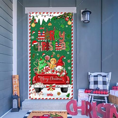 Christmas Red Truck Door Cover Decorations with Gnome Gingerbread Christmas Tree and Peppermint Candy for Front Door Xmas