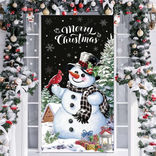 Christmas Snowman Door Cover, Merry Christmas Door Decorations, Winter Snowman Backdrop Background Banner