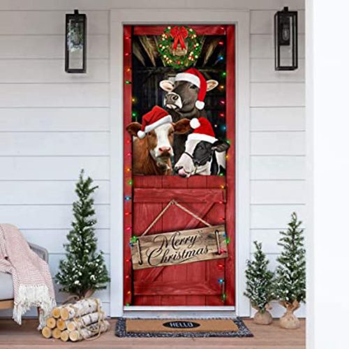 Cow Merry Christmas Door Cover Funny Cow Door Cover Christmas Home Decor Porch Home Holidays Decorations HN