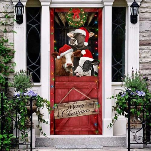 Cow Merry Christmas Door Cover Funny Xmas Door Cover Farmhouse Christmas Decor