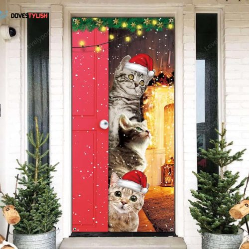 Cute Cats Merry Christmas Door Cover, Funny Cats Door Banner Decoration Christmas Banner Decoration for Front Door Wall Window