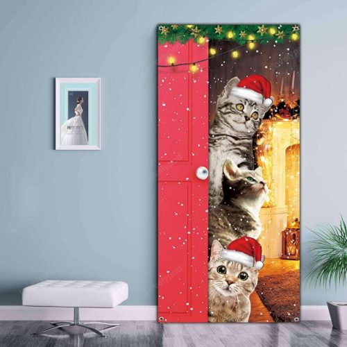 Cute Cats Merry Christmas Door Cover, Funny Cats Door Banner Decoration Christmas Banner Decoration for Front Door Wall Window