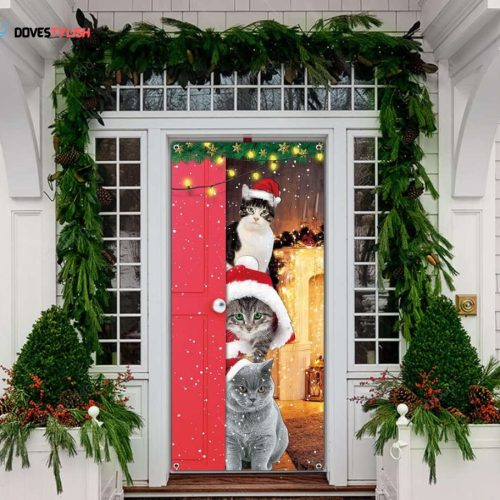 Funny Cats Door Cover, Cute Merry Christmas Cats Door Banner Decoration Santa Cats Front Door Sign Banner Decoration Xmas