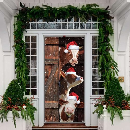 Funny Cows Merry Christmas Door Cover, Santa Cows Door Sign Banner Merry Christmas Farmhouse Door Decoration