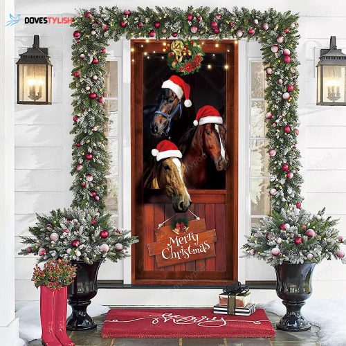 Funny Horses Merry Christmas Door Cover Decoration, Farmhouse Santa Horses Door