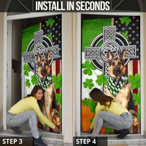 German Shepherd Shamrock Irish Celtic Cross U.S Flag Door Cover St Patrick’s Day Door Decor