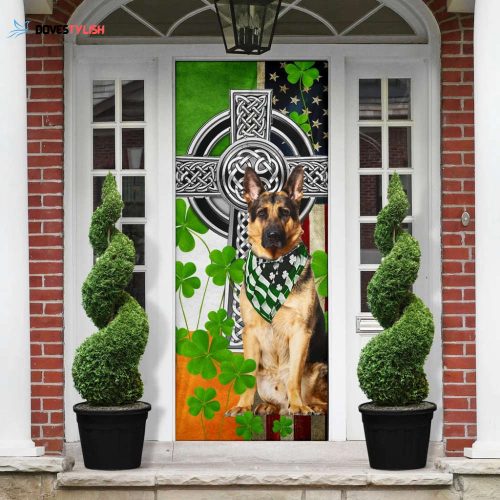 German Shepherd Shamrock Irish Celtic Cross U.S Flag Door Cover St Patrick’s Day Door Decor