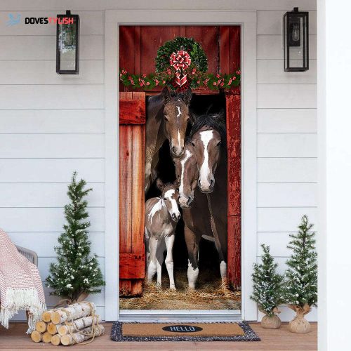 Happy Family Horse Christmas Door Cover Xmas House Horse Christmas Decorations Outdoor