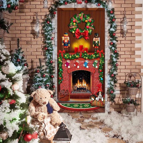 Merry Christmas Door Cover, Christmas Fireplace Door Cover Backdrops Xmas Tree Printed, Door Cover Banner Christmas