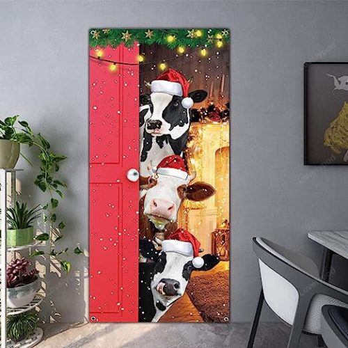 Merry Christmas Door Cover, Funny Cows Door Banner Christmas Decoration for Front Door, Merry Christmas Farmhouse Door Decoration Christmas