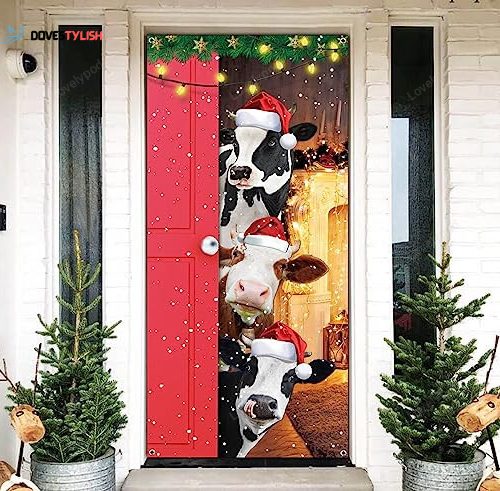 Merry Christmas Door Cover, Funny Cows Door Banner Christmas Decoration for Front Door, Merry Christmas Farmhouse Door Decoration Christmas