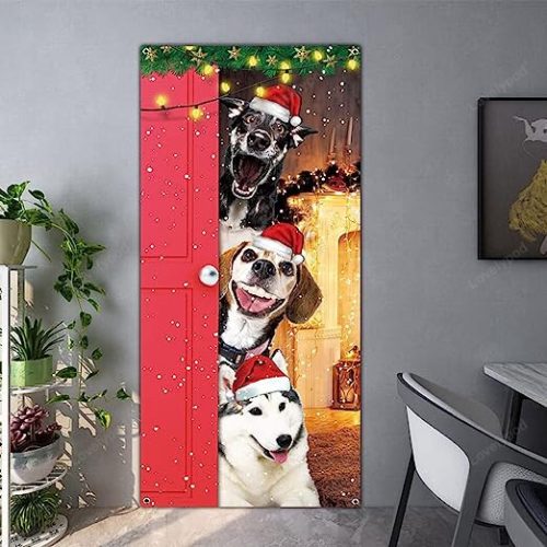 Merry Christmas Door Cover Large, Cute Santa Dogs Banner for Front Door Merry Christmas Decoration Party Supplies Christmas Party Backdrop Xmas