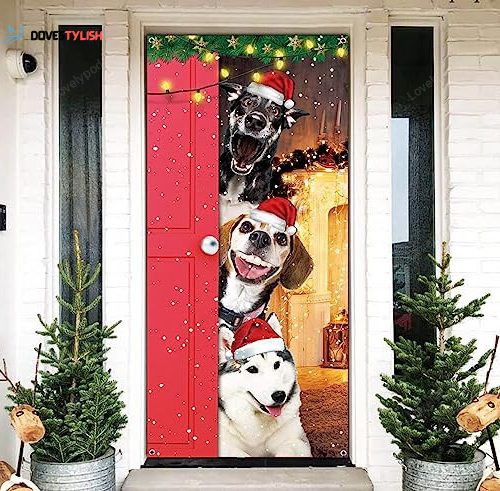 Merry Christmas Door Cover Large, Cute Santa Dogs Banner for Front Door Merry Christmas Decoration Party Supplies Christmas Party Backdrop Xmas