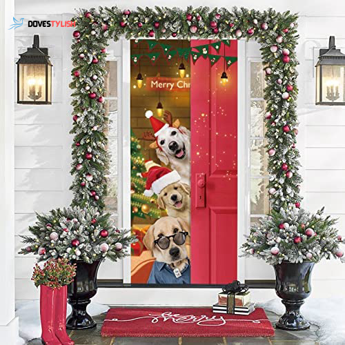 Santa Dogs Merry Christmas Door Cover Funny Dog Door Cover Christmas Home Decor Porch Home Holidays Decorations HT