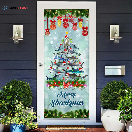 Shark Christmas Tree Door Cover – Merry Sharkmas Door Cover – Christmas Door Cover Tmarc Tee